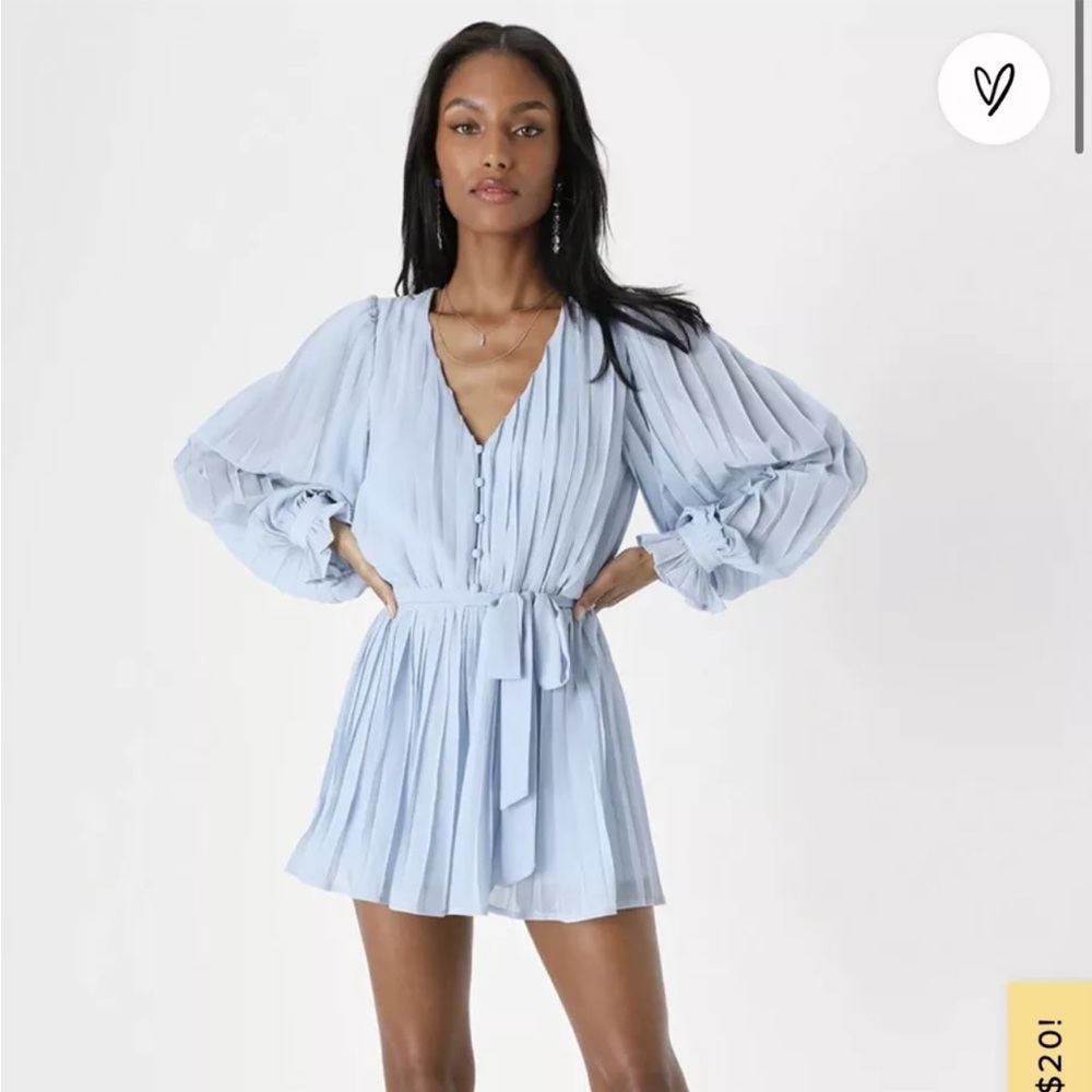 Vici Lulus Lovely Disposition Light Blue Pleated Long Sleeve Romper XS